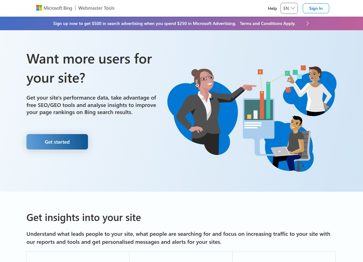The Bing Webmaster Tools page describing its free search performance reports