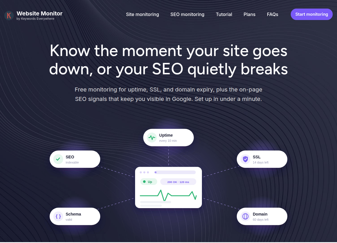 The Website Monitor watching uptime, SSL, domain expiry, indexability and schema validity