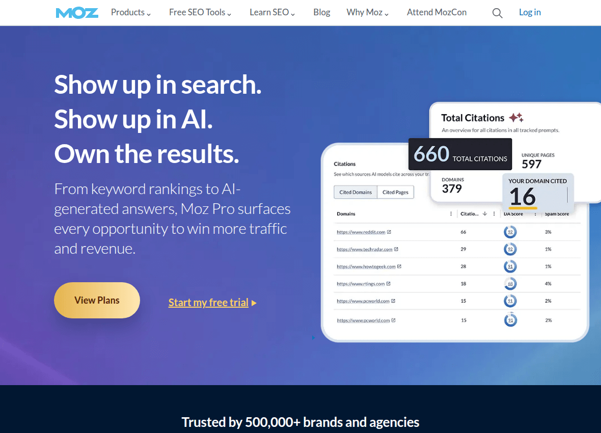 The Moz homepage presenting its SEO and AI search platform