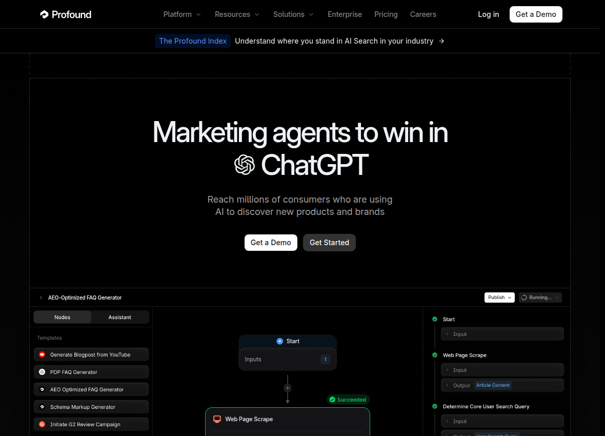 Profound's homepage describing its AI answer tracking platform