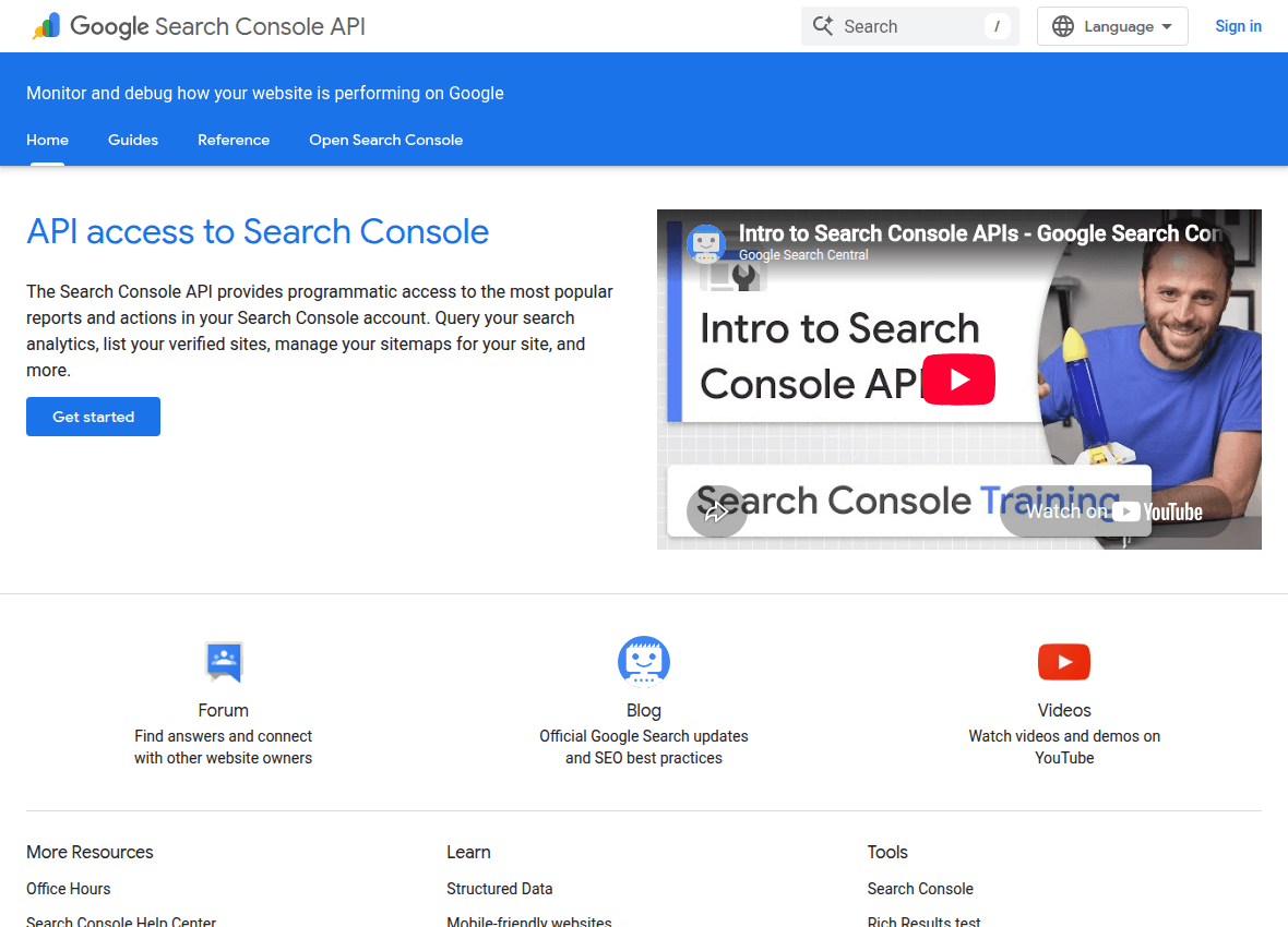 Google's Search Console API documentation page