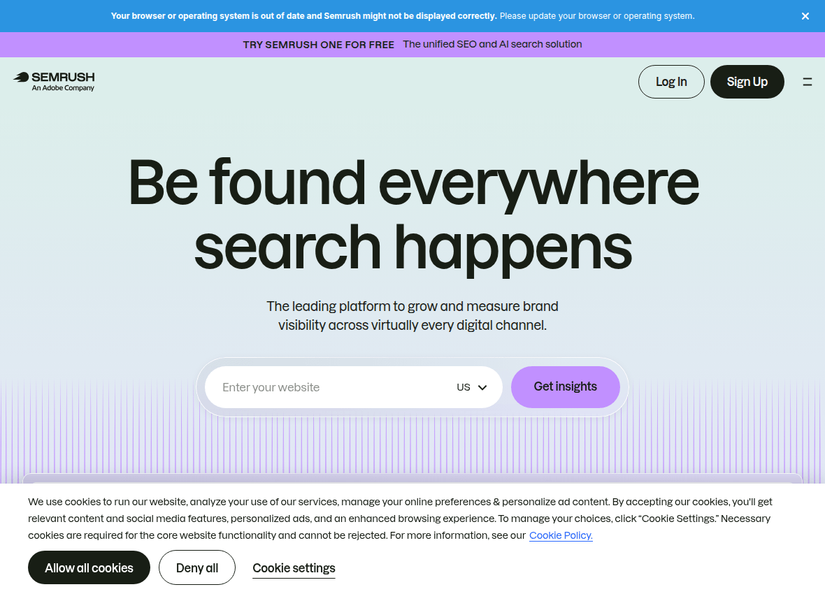The Semrush homepage with its domain overview search