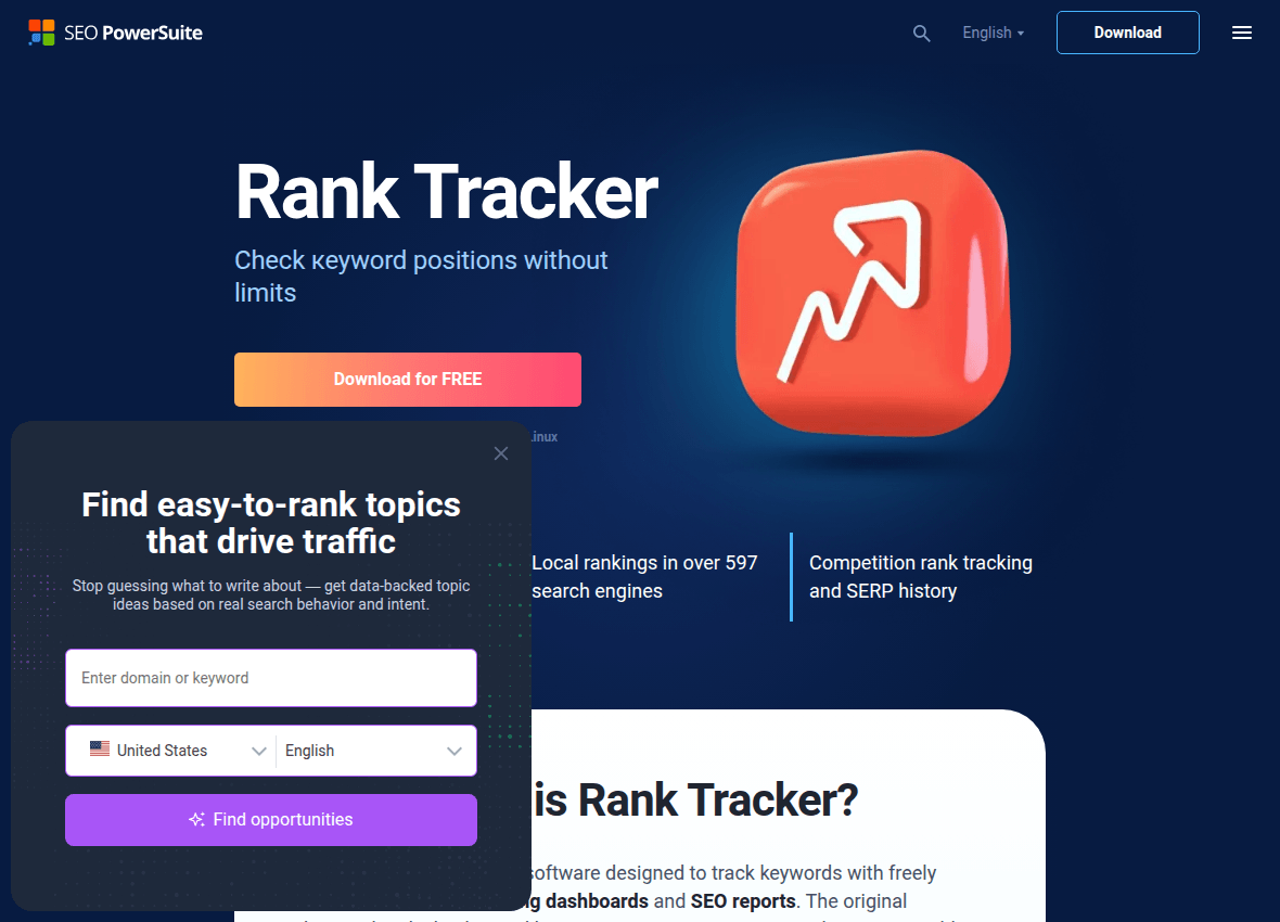 The SEO PowerSuite Rank Tracker page describing the desktop rank tracking software