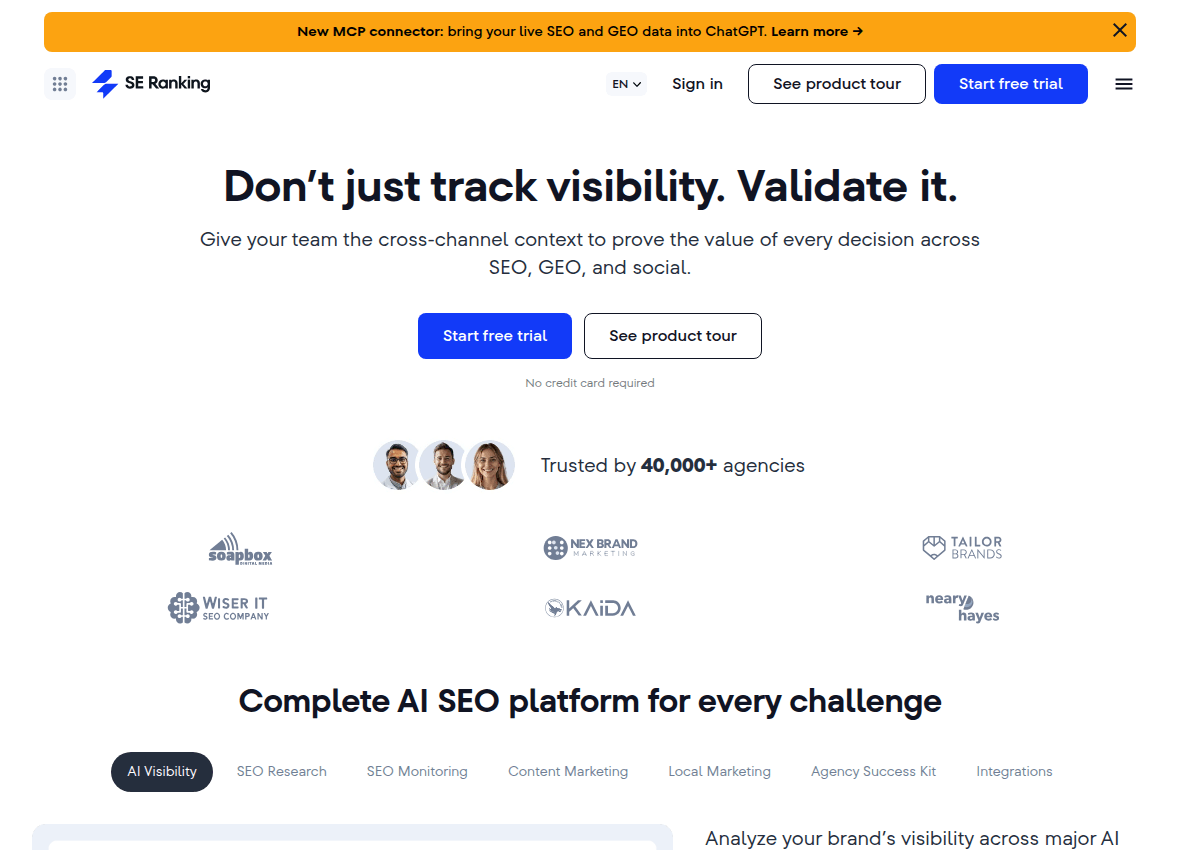The SE Ranking homepage presenting its SEO platform