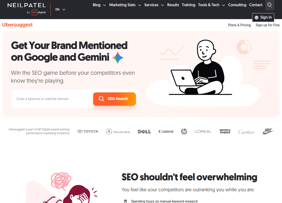Ubersuggest's page with its keyword and domain tracking tools