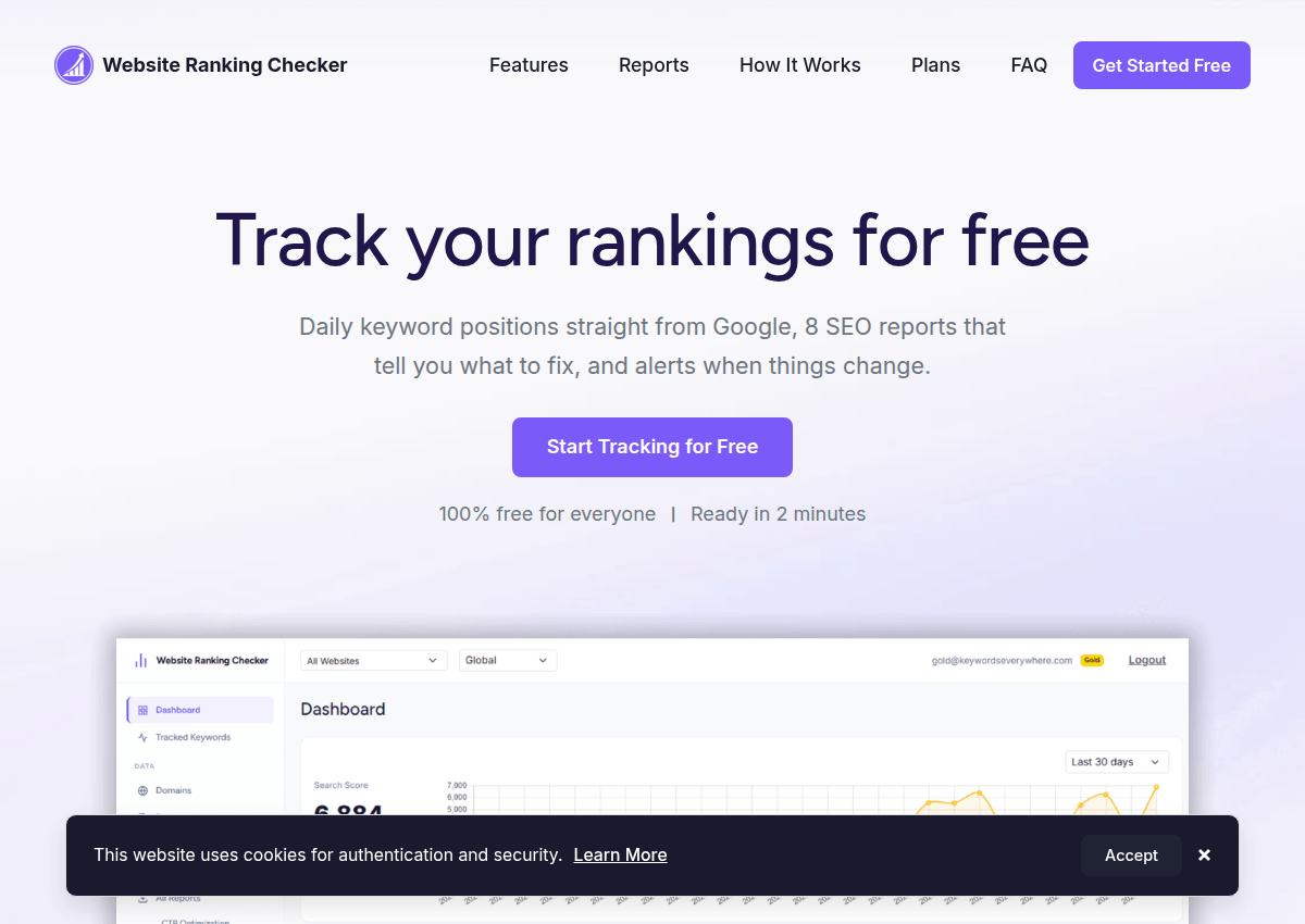 Website Ranking Checker: daily keyword positions straight from Google, 8 SEO reports and alerts, free